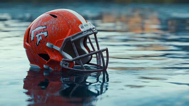 Rusted Football Helmet Submerged In Still Water
