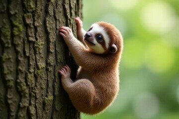 Fototapeta premium Cute and Playful Baby Sloth Climbing a Tree in Lush Green Forest Background