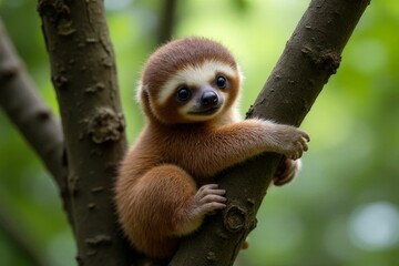 Obraz premium Adorable and Curious Baby Sloth Clinging to Tree Branch in Lush Green Environment
