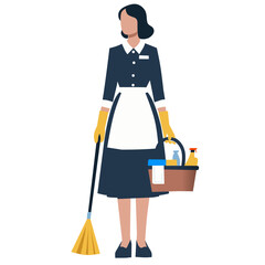 A cartoon-style maid holding a cleaning cart with various cleaning supplies.
