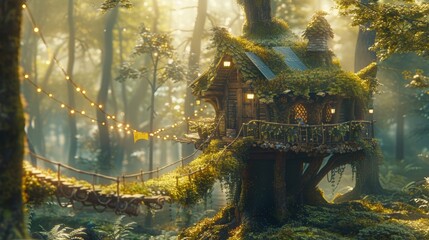 Fototapeta premium Enchanting Treehouse Surrounded by Lush Green Forest and Lights