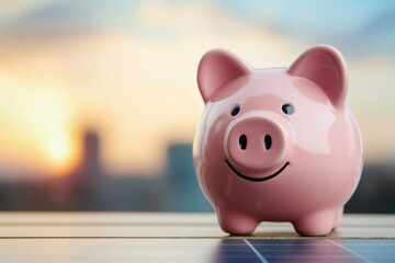 Piggy bank on solar panels, symbolizing savings and renewable energy under a warm sunset glow