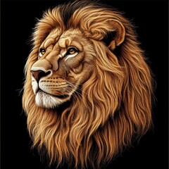 Fototapeta premium Ferocious Golden Mane Lion Portrait Captivating Stare on Black Backdrop Detailed Wildlife Art