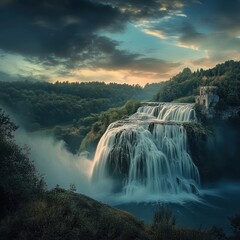 Fototapeta premium Picturesque waterfall cascading through lush green forest surrounded by trees and rocks