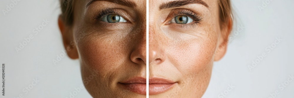 Aufkleber Contrast of aging in a woman’s face showcasing natural wrinkles on one side and a smooth complexion on the other side. Generative AI