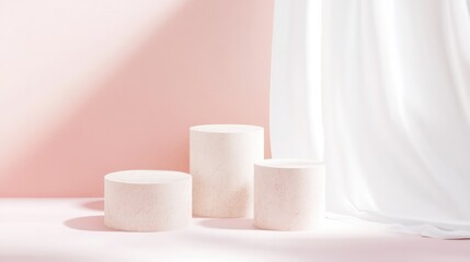 Bright Minimalist Scene with Soft Pink Stone Podiums and Flowing Sheer Curtain