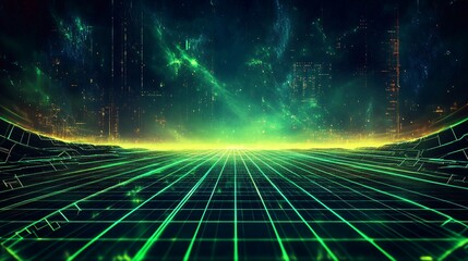 Digital Landscape Of Green Grid Lines In Cosmic Environment