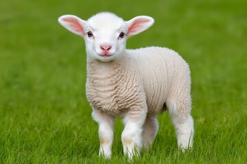 Obraz premium Portrait of lovely lamb staring at the camera in cattle barn In background flock of sheep eating food