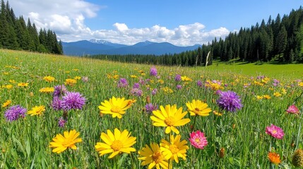 Fototapeta premium Vibrant Wildflower Field with Mountains Under a Blue Sky
