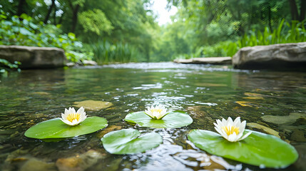 Serene creek with water lilies, lush forest backdrop, tranquil nature scene, ideal for relaxation imagery