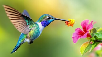 Fototapeta premium Colorful Hummingbird Feeding on Bright Flower in Soft Background