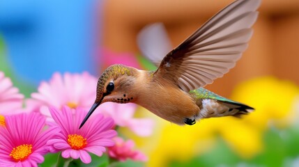 Naklejka premium Vibrant Hummingbird Hovering Over Colorful Flowers in Nature