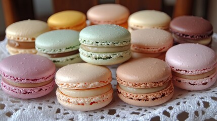 Fototapeta premium A delicious collection of sweet macarons in pastel tones, elegantly arranged for a charming and inviting look.