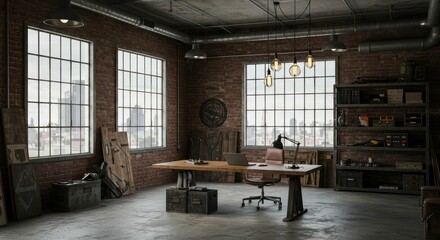 Modern industrial office space with large windows and minimalist decor.
