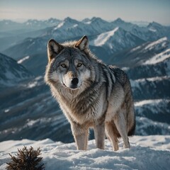 Fototapeta premium A majestic wolf with a shimmering silver coat standing on a snowy mountaintop.