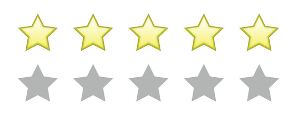 Five stars customer feedback review. Five stars rating. Quality, customer rating.