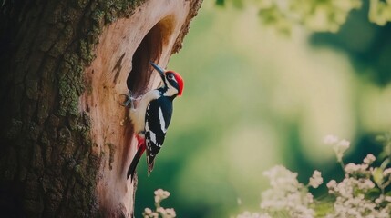 Bird perched on a tree branch with green leaves in a natural setting