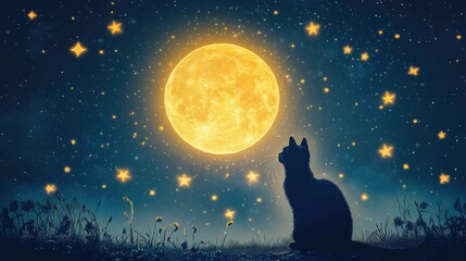 A dreamy night scene featuring a black cat gazing at a glowing full moon surrounded by shimmering stars.