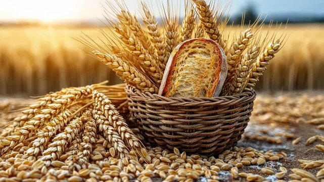 Golden wheat ears and a slice of bread in a wicker basket, scattered wheat grains on burlap.
