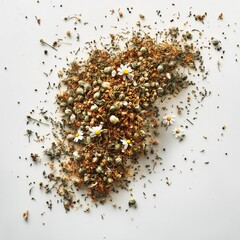 Assorted dried chamomile and seeds on white surface highlighting natural elements