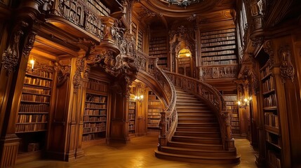 Obraz premium A fantasy library with intricate wooden carvings, dim candlelight, and a hidden portal among the books.