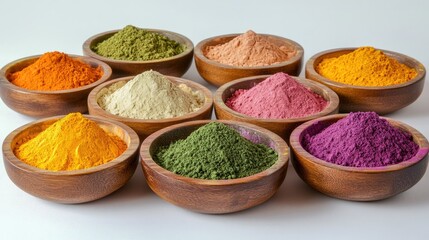 Fototapeta premium A festive display of bright Holi powders in wooden bowls, ready for a joyful and colorful celebration.