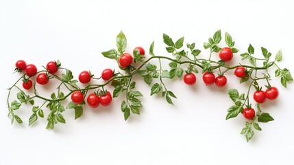 A fresh tomato vine with bright red tomatoes and lush green stems, isolated on a white background.