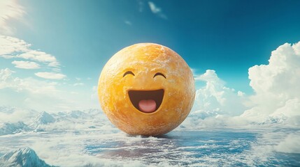 Giant emoji laughing out loud in a frozen world