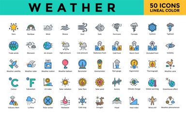 Weather icons set with stars, rainbow, wind, breeze, gust, gale, hurricane, tornado, cyclone, typhoon icon. Simple lineal color vector 
