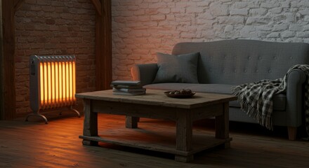 Warm and cozy living room with a sofa and soft lighting.