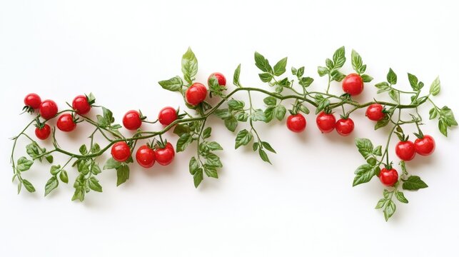 A fresh tomato vine with bright red tomatoes and lush green stems, isolated on a white background.