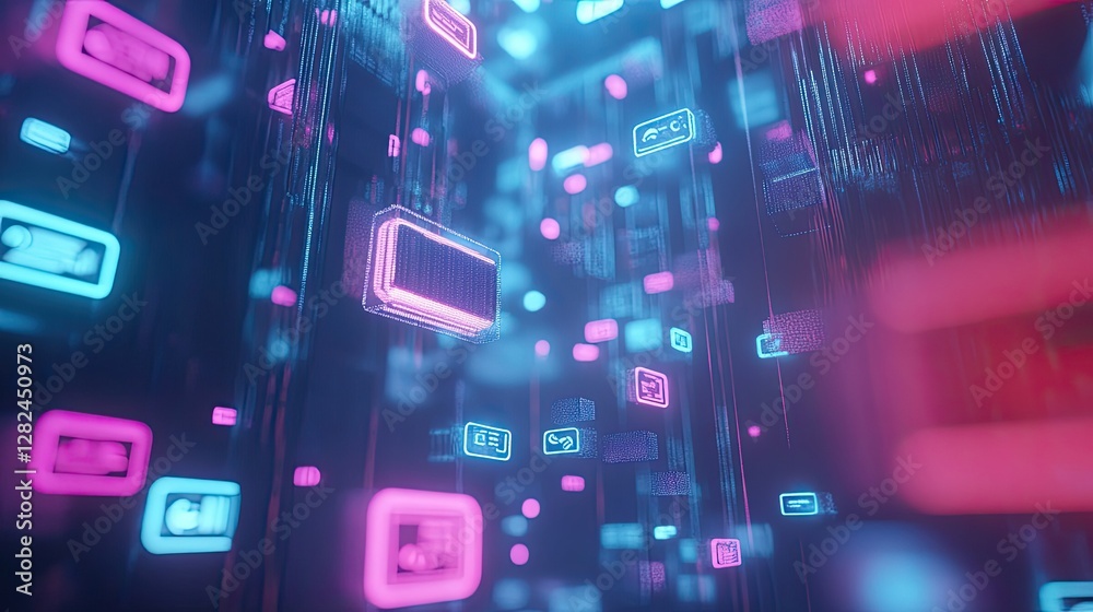 Poster a futuristic abstract design with floating digital chat icons and a connected network grid.