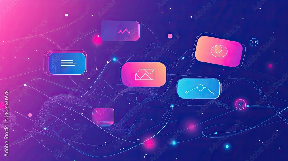 Poster a futuristic abstract design with floating digital chat icons and a connected network grid.