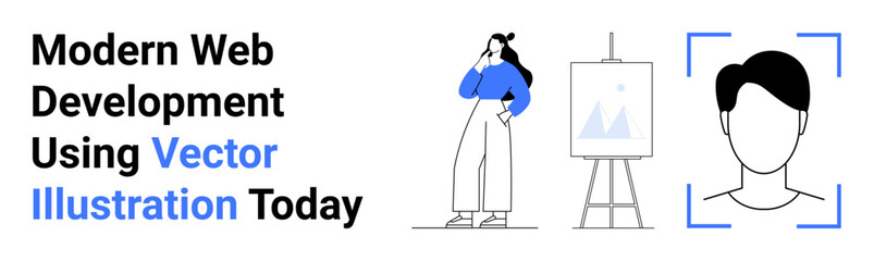 Woman contemplating ideas, easel with artwork, face recognition frame. Ideal for design, technology, ideas, creativity, education communication innovation. Flat landing page banner