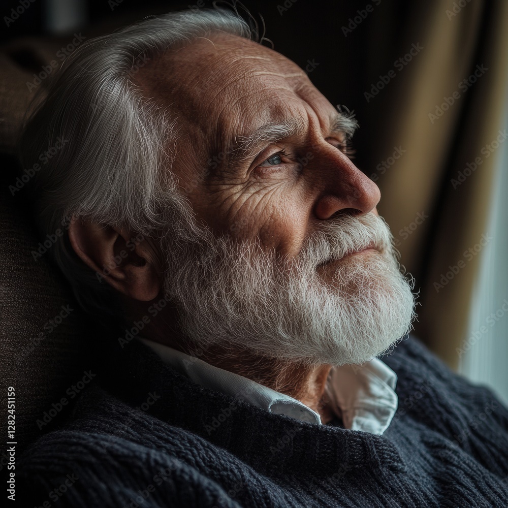 Aufkleber Elderly man reflecting while sitting indoors during a quiet afternoon with warm lighting and soft shadows. Generative AI