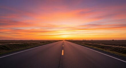 Fototapeta premium Vibrant sunset over an empty road creating tranquil atmosphere.