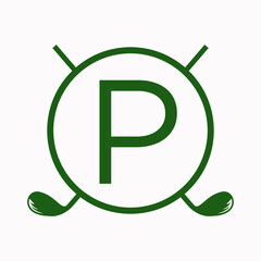 Golf Logo On Letter P Concept With Hockey Stick Symbol For Hockey and Golf Club Identity