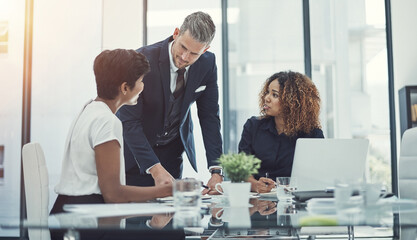 Brainstorming, explain or business people in meeting with mentor for teamwork, project funding or...