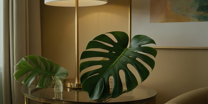 Monstera plant in woven basket against beige wall SS7