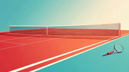 Obraz premium A vibrant tennis court with a net and racket on a bright day with clear sky