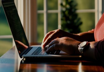 Woman Typing on Laptop by Bright Window with Natural Light