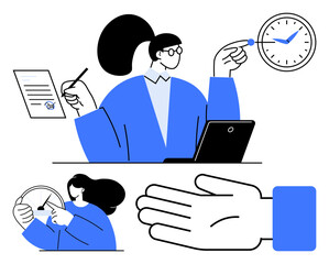 Office worker with document, laptop, clock, setting timer. Person managing time on large clock. Handshake icon. Ideal for business, productivity, teamwork time management mentorship agreements