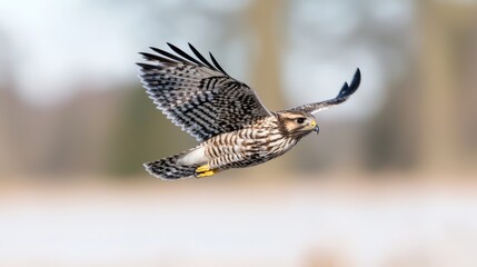 Obraz premium Hawk in flight over snowy field