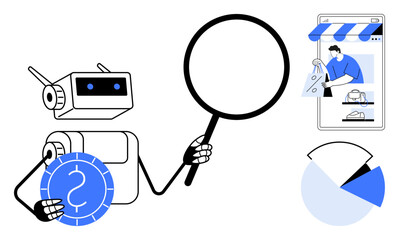 Robot holding magnifying glass and dollar coin, smartphone with storefront, pie chart. Ideal for AI, data analysis, e-commerce, online shopping, financial technology, digital marketing technology