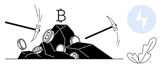 Two pickaxes striking rocks with Bitcoin coins emerging, a Bitcoin symbol, a lightning bolt and a plant. Ideal for cryptocurrency, digital assets, mining concepts, blockchain technology, financial