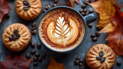 Fototapeta premium Close-up latte art with cinnamon rolls high resolution hd photo