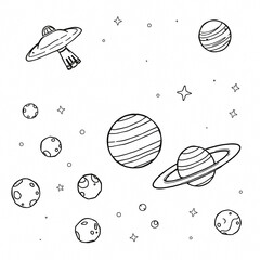 Space Doodle Planets UFO Black and White Sketch Celestial Bodies Cosmic Illustration Simple Line Art Sci Fi Aesthetic