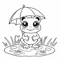 Cute Cartoon Panda Holding Umbrella Sitting in Puddle Black and White Line Drawing Kids Illustration Rainy Day