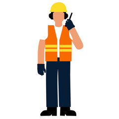 A construction worker in a safety vest and helmet using a walkie-talkie.