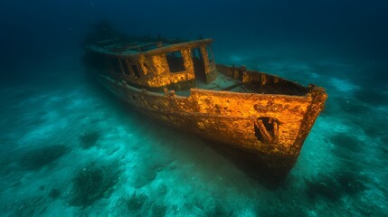 Fototapeta premium Sunken vessel rests peacefully on the ocean floor below